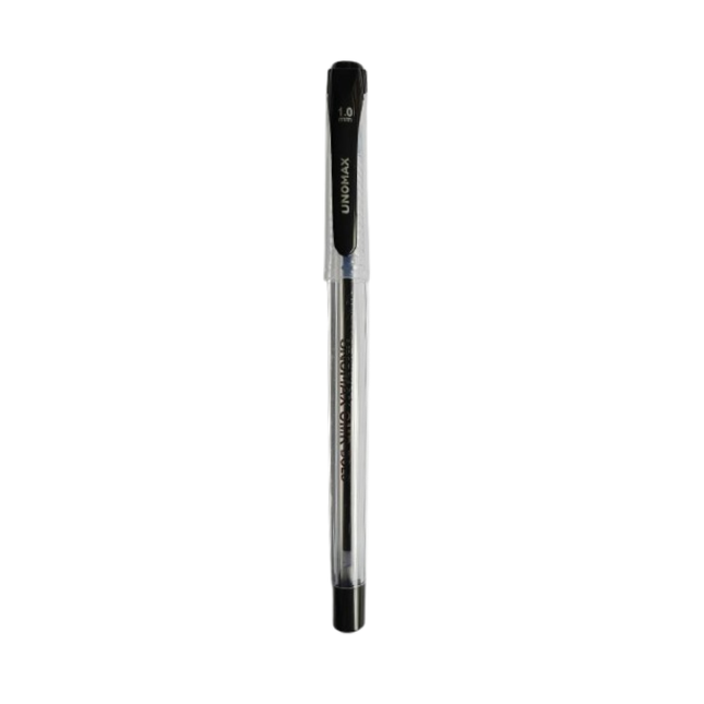 Unomax OMR Bold Ball Pen | Ink Colour - Blue, Black and Red top view of black ink pen with transparent body.