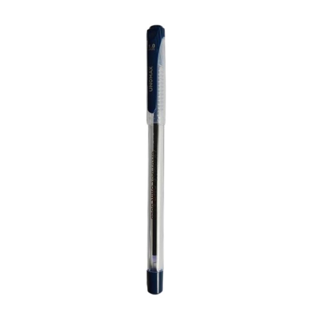 Unomax OMR Bold Ball Pen | Ink Colour - Blue, Black and Red in blue ink with transparent body and comfort grip.