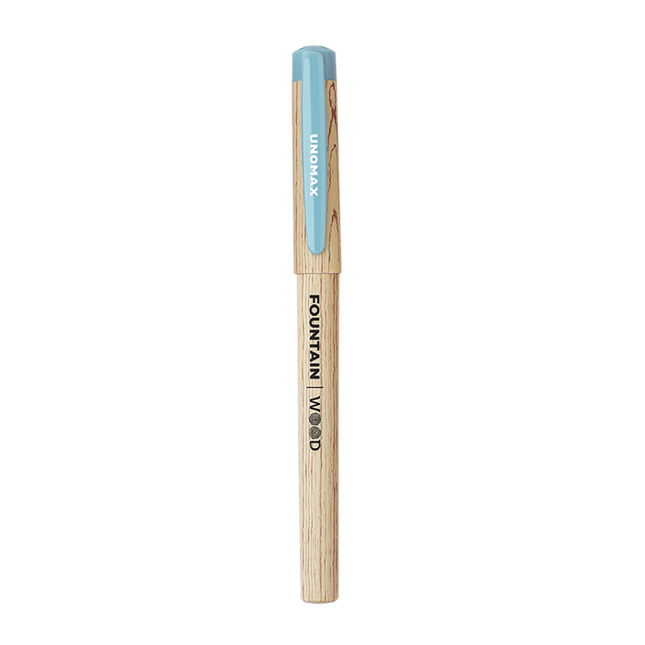 Unomax Wood Fountain Pen | Includes 2 Ink Cartridges with blue cap and wooden body design.