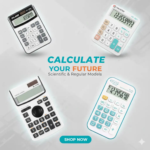 White plastic scientific calculator with teal accent keys and a digital display showing ’12345678’’