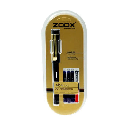 Zoox A9 Fountain Pen | Includes 3 Ink Cartridges and 1 Converter - Gold - Fountain Pen